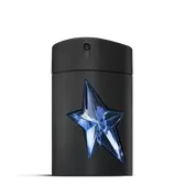 Frasco de A*Men Mugler negro con estrella azul sobre fondo gris claro
