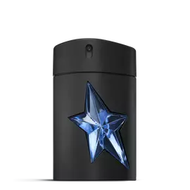 Frasco de A*Men Mugler negro con estrella azul sobre fondo gris claro