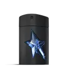 Frasco de A*Men Mugler negro con estrella azul sobre fondo gris claro