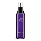 Frasco de recarga de perfume Mugler Alien con bomba negra sobre fondo blanco