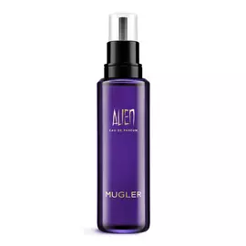 Frasco de recarga de perfume Mugler Alien con bomba negra sobre fondo blanco