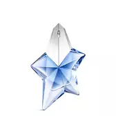 Frasco de perfume Angel Mugler en forma de estrella azul con tapón plateado sobre fondo gris claro
