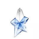 Frasco de perfume Angel Mugler en forma de estrella azul con tapón plateado sobre fondo gris claro