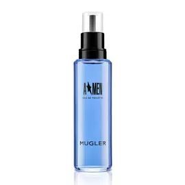 Frasco de recarga azul de A*Men Eau de Toilette con tapón pulverizador negro sobre fondo blanco.