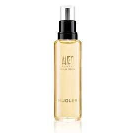 Frasco de recarga de perfume Mugler Alien con bomba negra sobre fondo blanco