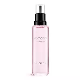 Frasco de recarga de perfume Mugler Womanity rosa con bomba negra sobre fondo blanco