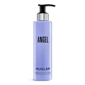 Frasco de loción corporal perfumada Mugler Angel sobre un fondo gris claro.