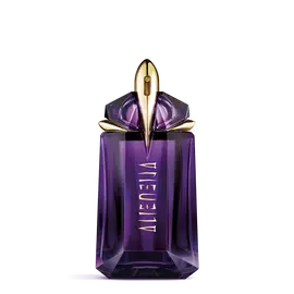 Frasco de perfume morado Mugler Alien sobre fondo gris claro