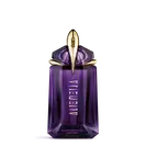 Frasco de perfume morado Mugler Alien sobre fondo gris claro