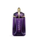 Frasco de perfume morado Mugler Alien sobre fondo gris claro