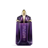 Frasco de perfume morado Mugler Alien sobre fondo gris claro