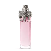 Frasco de perfume Mugler Womanity rosa con tapón plateado esculpido sobre fondo gris claro