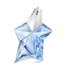 Frasco de perfume Angel Mugler en forma de estrella azul con tapón plateado sobre fondo gris claro