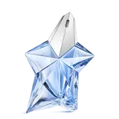 Frasco de perfume Angel Mugler en forma de estrella azul con tapón plateado sobre fondo gris claro