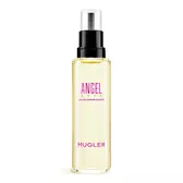 Frasco de recarga de eau de parfum Angel Nova Mugler azul con pulverizador negro sobre fondo gris claro