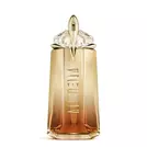 Mugler Alien Goddess Intense Eau de Parfum in golden amber talisman-shaped bottle with floral background