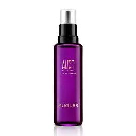 Frasco de recarga de perfume Mugler Alien Hypersense con bomba negra sobre fondo blanco