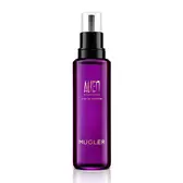 Frasco de recarga de perfume Mugler Alien Hypersense con bomba negra sobre fondo blanco