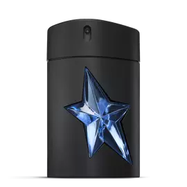 Frasco de A*Men Mugler negro con estrella azul sobre fondo gris claro