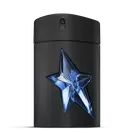 Frasco de A*Men Mugler negro con estrella azul sobre fondo gris claro