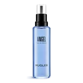 Frasco de recarga de eau de parfum Angel Mugler azul con pulverizador negro sobre fondo blanco