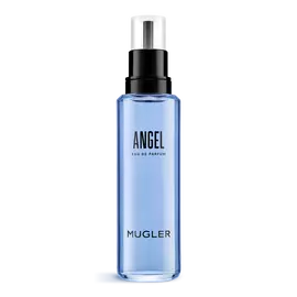 Frasco de recarga de eau de parfum Angel Mugler azul con pulverizador negro sobre fondo blanco